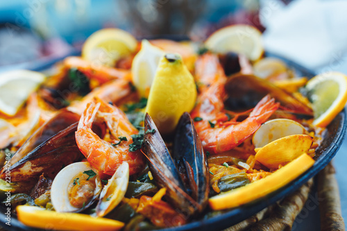 spanish seafood paella, closeup view