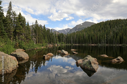 A reflection of the clouds into Bear Lake.  Shot in Rocky Mountain National Park.