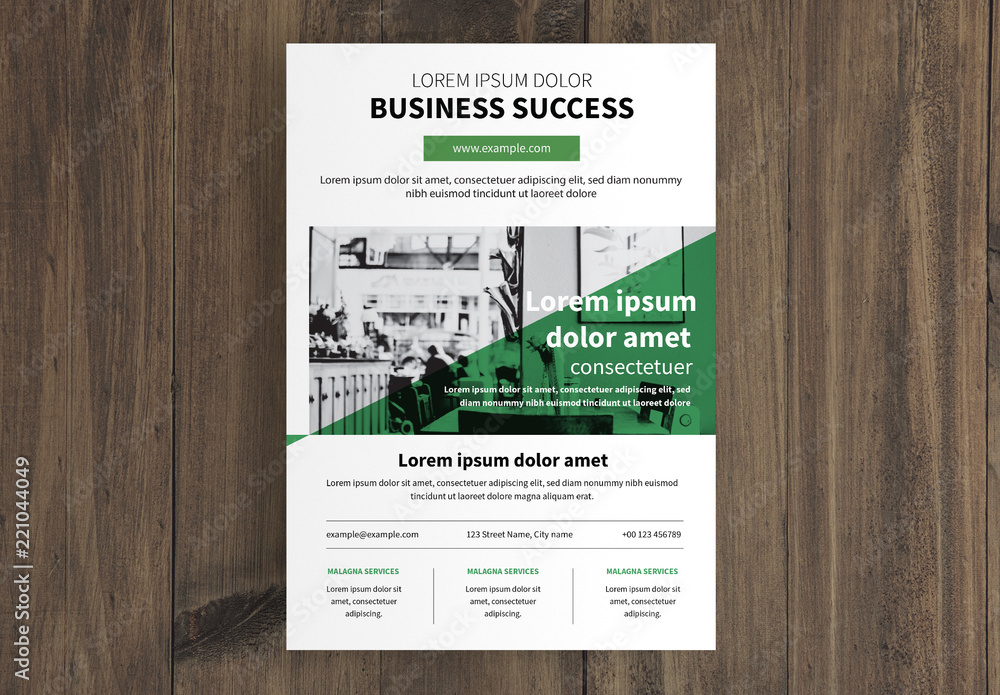 Business Flyer Layout with Green Triangle Photo Overlay Stock Template ...