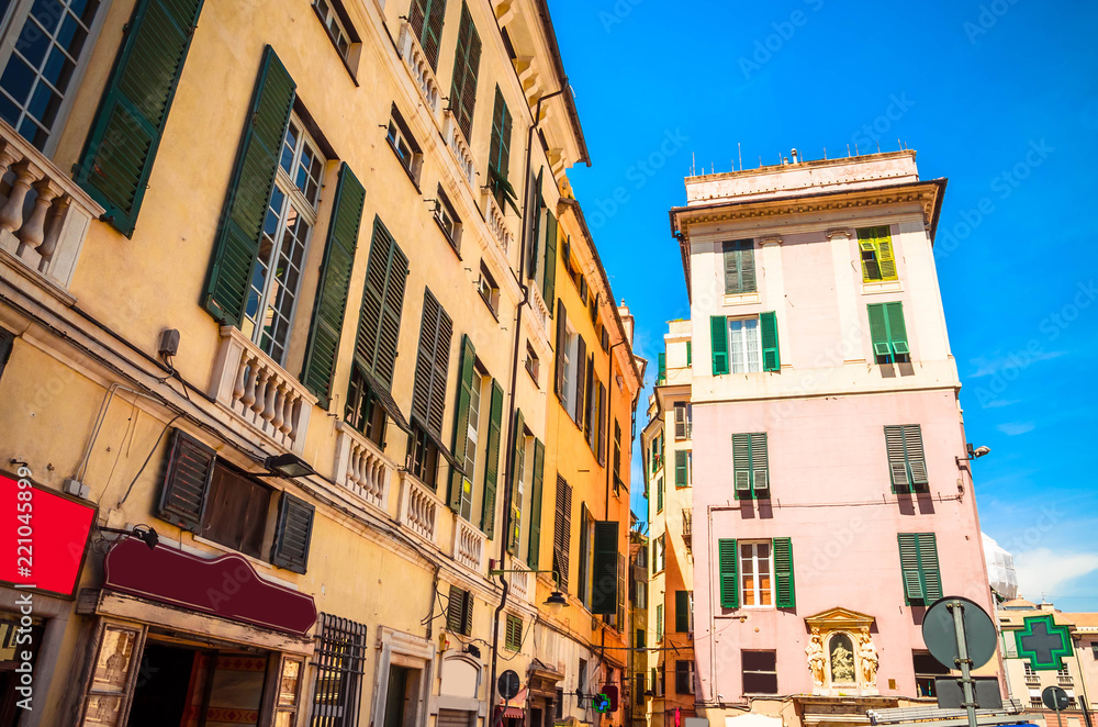 Beautiful cozy streets of Genoa in  summer day, Liguria, Italy