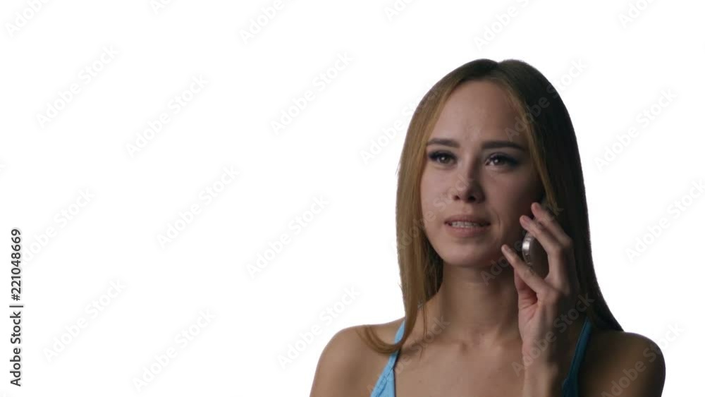 Girl talking on the phone isolated slowmotion
