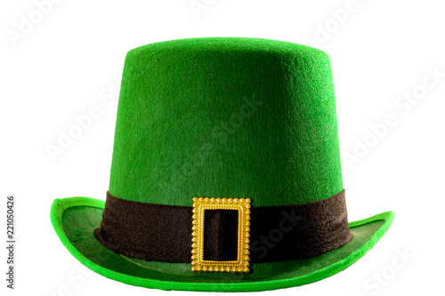 St Patricks day meme and March 17 concept with front view of a green parade hat with a belt and buckle isolated on white background with a clip path cut out