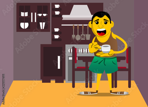 Yellow man holding a cup of coffee. Vector cartoon illustration.