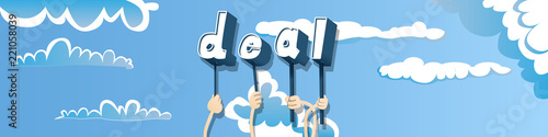 Diverse hands holding letters of the alphabet created the word Deal. Vector illustration.