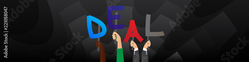 Diverse hands holding letters of the alphabet created the word Deal. Vector illustration.