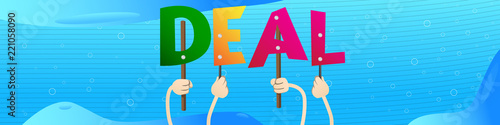 Diverse hands holding letters of the alphabet created the word Deal. Vector illustration.