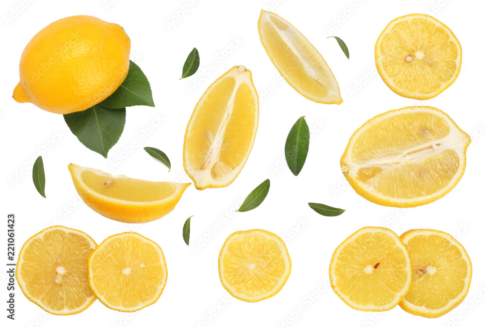 Lemon with leaf and slices isolated on white background. Lay Flat, top view Lemon with leaf and slices isolated on white background. Lay Flat, top view