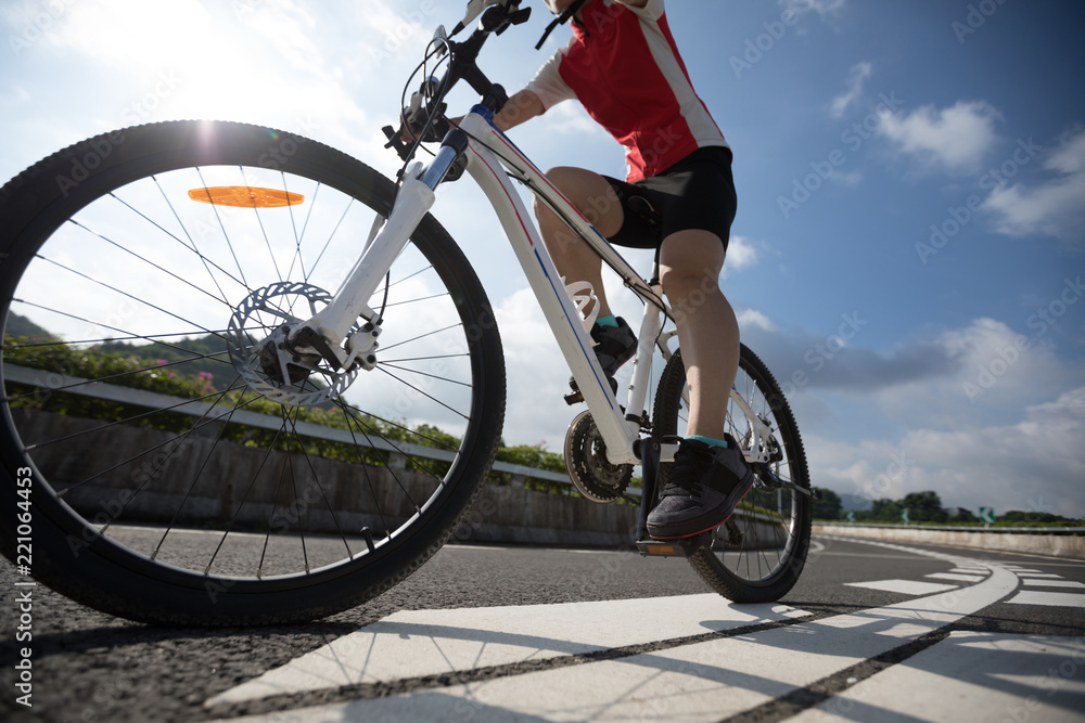 Fototapeta premium Free rider Cyclist Riding Mountain Bike on highway