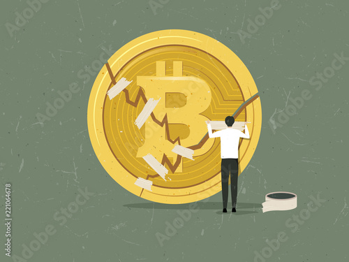 Businessman using duct tape on broken Bitcoin, people try to recover/pump Bitcoin price concept