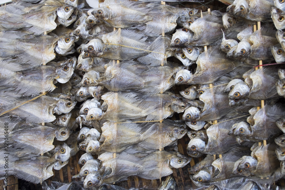 Row of dry fish. Dry fish for fried to eat. Food preservation in thailand. Row of dry fish. Dry fish for fried to eat. Food preservation in thailand.
