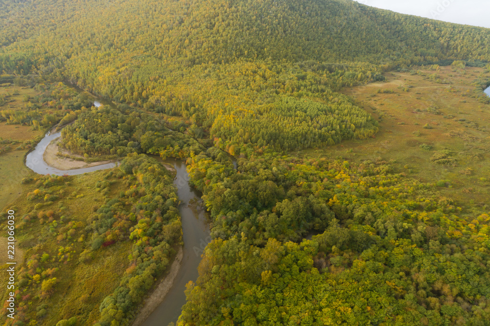 aerial view of colorful autumn forest with a small river landscape