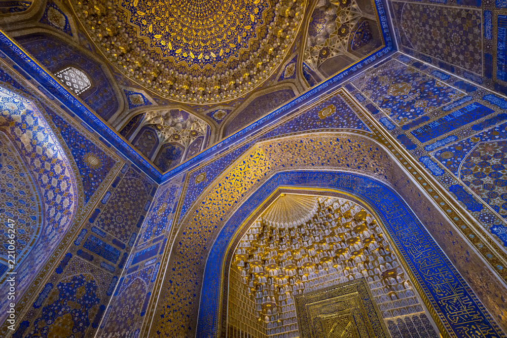 Interior of Tilya Kori Mosque and Madrasah located in Registan Square, in Samarkand, Uzbekistan.