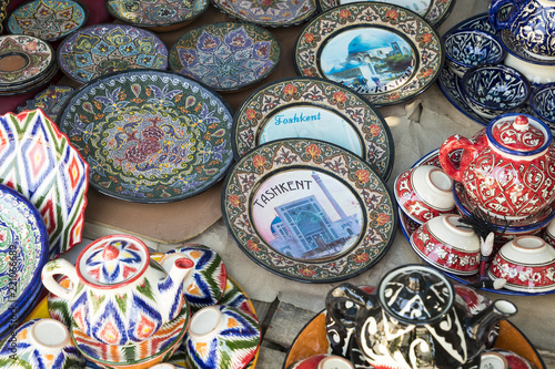 Plates and pots on a street Chorsu bazaar in the city of Tashkent, Uzbekistan.