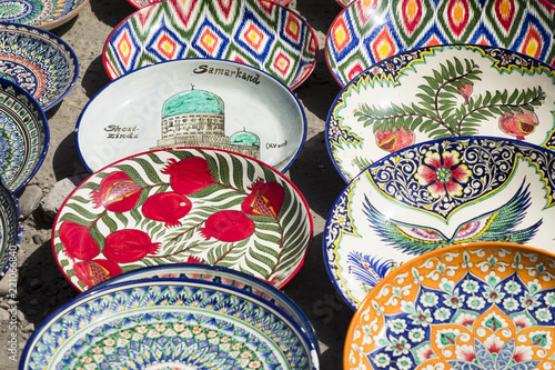 Plates and pots on a street Chorsu bazaar in the city of Tashkent, Uzbekistan.