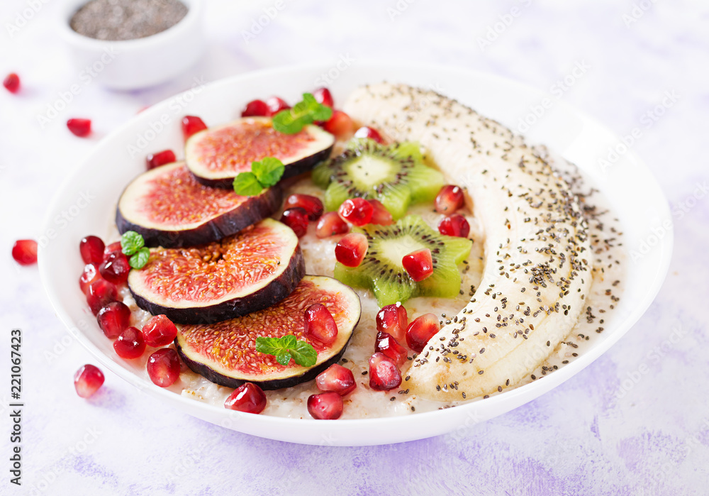 Delicious and healthy oatmeal with figs, kiwi, pomegranate, banana and chia seeds. Healthy breakfast. Fitness food. Proper nutrition.