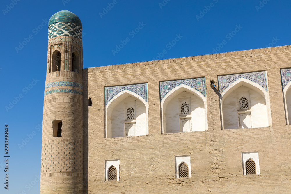 Historic buildings at Itchan Kala fortress in the historic center of Khiva. UNESCO world heritage site in Uzbekistan, Central Asia