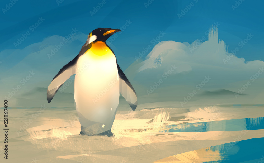 Fototapeta premium Digital illustration art painting style a emperor penguin standing on ice.