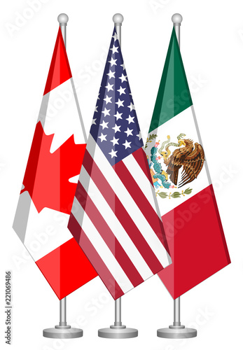 United States, Canada,and Mexico Flags, conceptual image for Nafta agreement