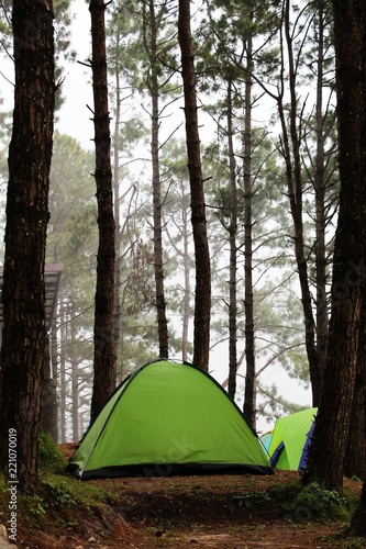 Camping tens on mountain and blue sky background