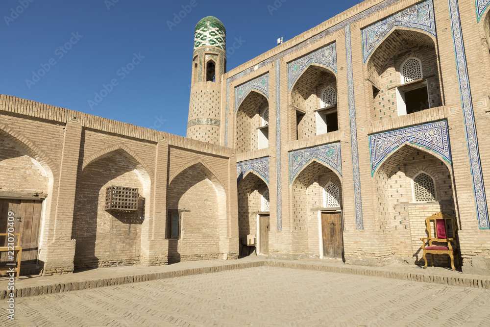 Historic buildings at Itchan Kala fortress in the historic center of Khiva. UNESCO world heritage site in Uzbekistan, Central Asia