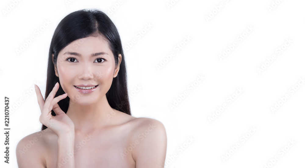 Clean Skin Woman straight black hair with Smooth pose open shoulder smile Clean Skin Woman straight black hair with Smooth pose open shoulder smile