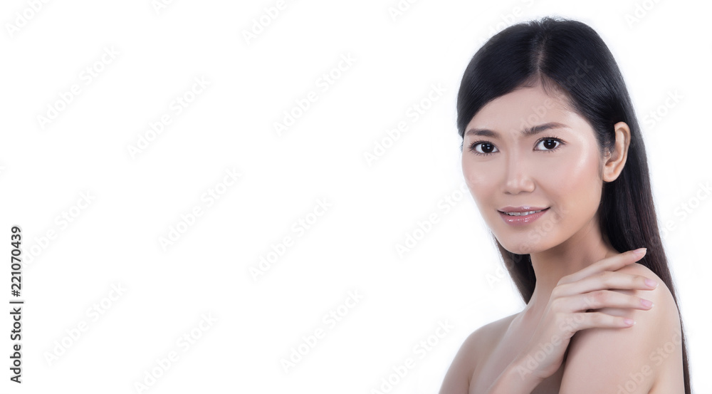 Clean Skin Woman straight black hair with Smooth pose open shoulder smile Clean Skin Woman straight black hair with Smooth pose open shoulder smile