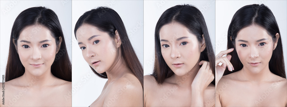 Clean Skin Woman straight black hair with Smooth pose open shoulder smile Clean Skin Woman straight black hair with Smooth pose open shoulder smile