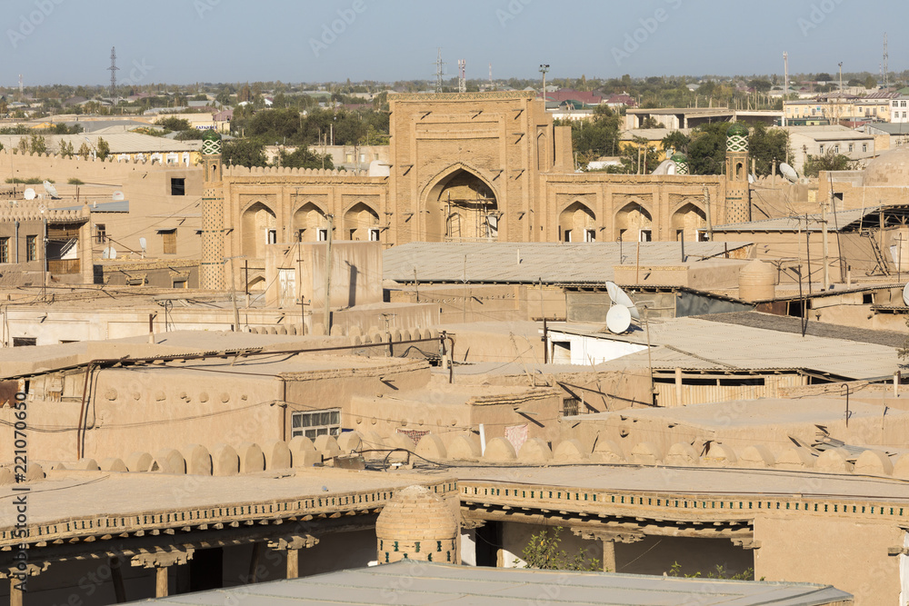 Panoramic view of the main monuments of Khiva, Uzbekistan. UNESCO world heritage site in Central Asia.