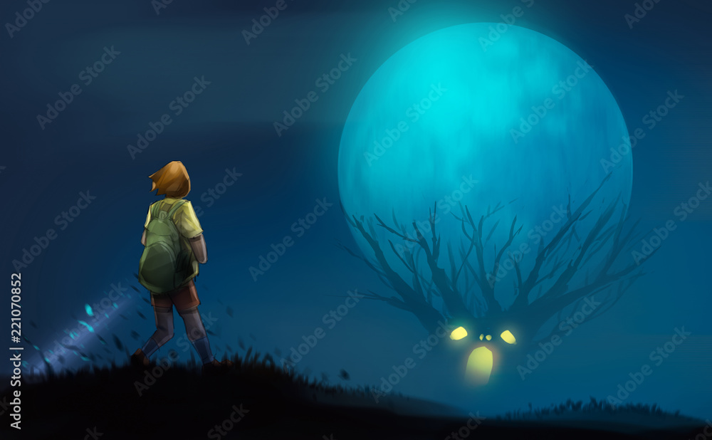 girl with flashlight standing on the hill look at to scary trees, halloween concept, digital illustration art painting design style. girl with flashlight standing on the hill look at to scary trees, halloween concept, digital illustration art painting design style.