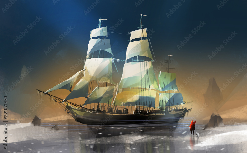 Naklejka premium boy and dog standing on snow against big wooden sailboat, digital illustration art painting design style.