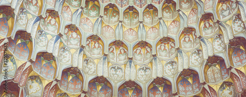 Decorative patterns and architectural details at the main entrance of Abdullaziz Khan madrasah in Bukhara, Uzbekistan