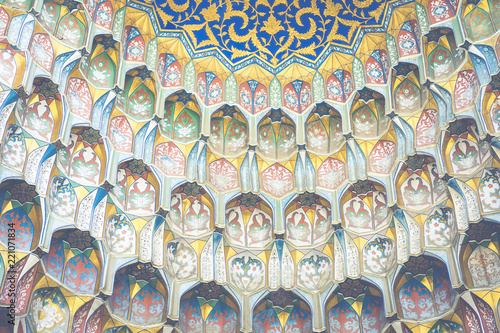 Decorative patterns and architectural details at the main entrance of Abdullaziz Khan madrasah in Bukhara, Uzbekistan