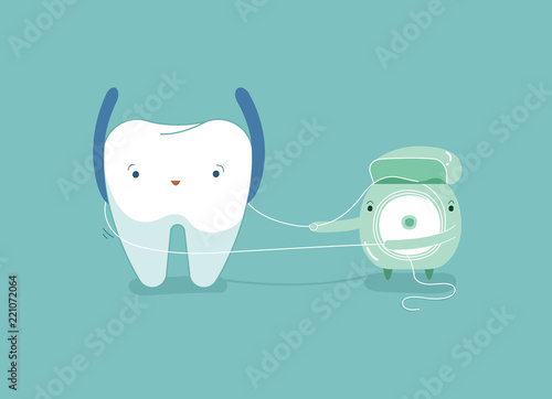 Tooth using dental floss for white teeth, dental vector concept.