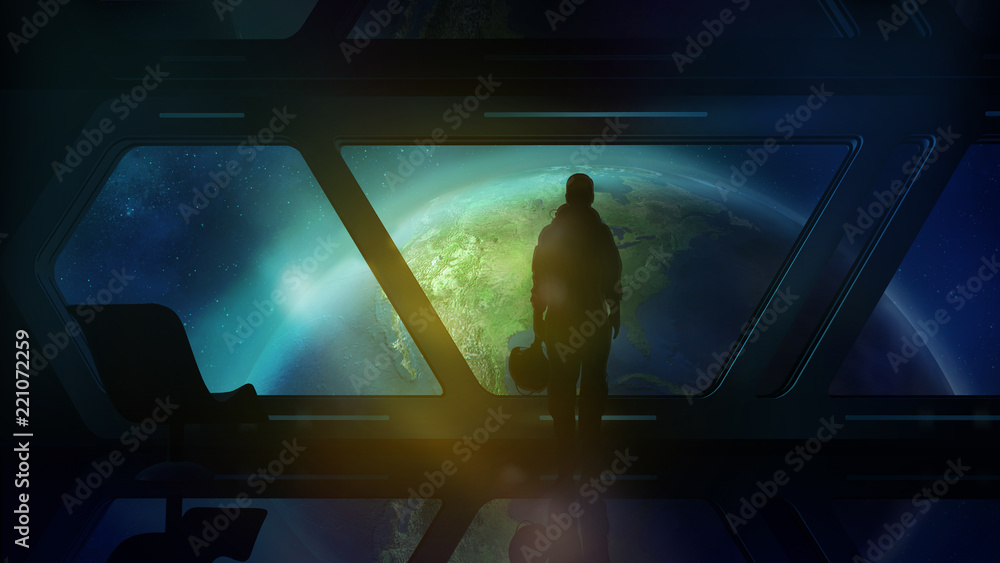 Fototapeta premium The astronaut in the ship flies to Earth