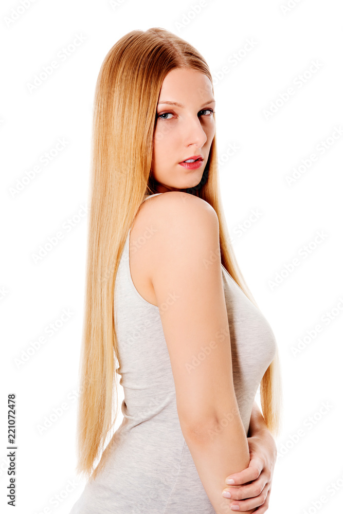 Naklejka premium Blond hair. Beautiful woman with straight long hair.