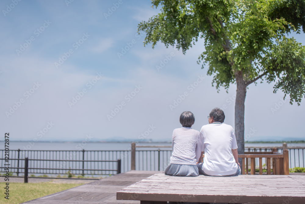 Foto Stock 公園のベンチに座るシニア夫婦の後ろ姿 Adobe Stock