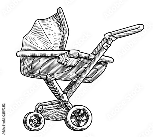 Pram illustration, drawing, engraving, ink, line art, vector