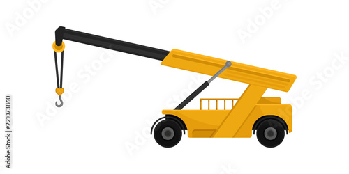 Yellow mobile hydraulic crane car, cargo transportation service vector Illustration on a white background