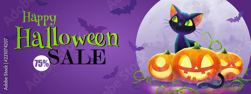Cat and pumpkins against full moon, Halloween sale. Vector illustration. The Halloween greeting concept