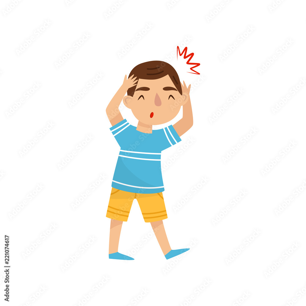 Little boy suffering from headache. Child with pain in the head. Symptom of disease. Sick kid. Flat vector illustration