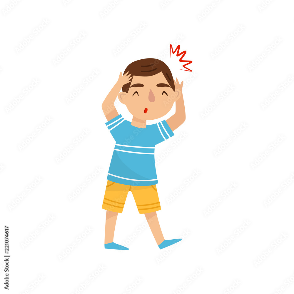 Little boy suffering from headache. Child with pain in the head. Symptom of disease. Sick kid. Flat vector illustration Little boy suffering from headache. Child with pain in the head. Symptom of disease. Sick kid. Flat vector illustration