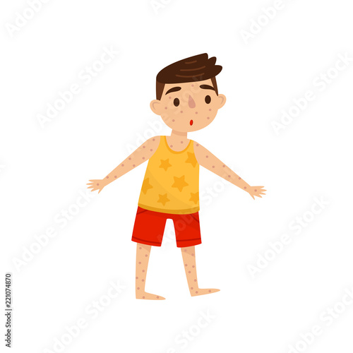 Little kid with rash on his body. Boy with measles. Infectious disease. Child with surprised face expression. Flat vector design