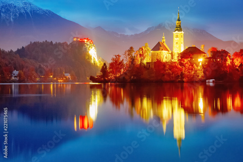 Lake Bled in Slovenia. Captivating seasonal autumn landscape, night scene. Famous and popular romantic landmark.