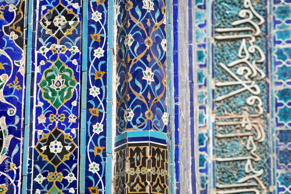 Detail of the facade of the historical holy cemetery of Shahi Zinda in Samarkand, Uzbekistan.