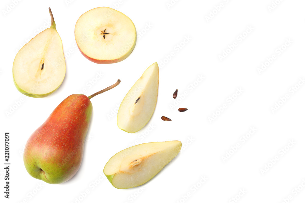 pear with slices isolated on white background. top view