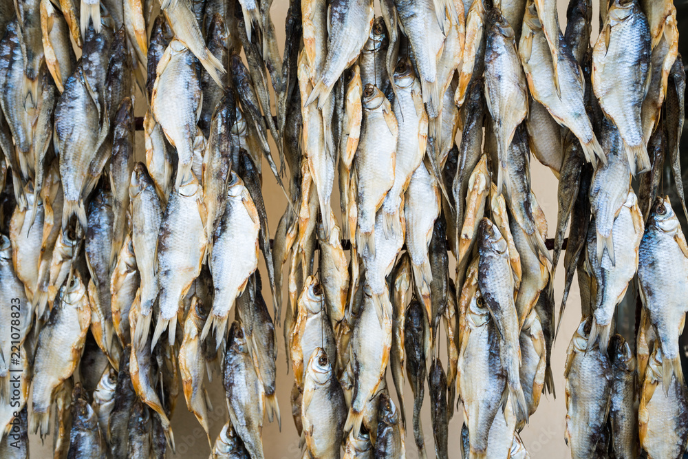 Dry fish in the market. salted fish