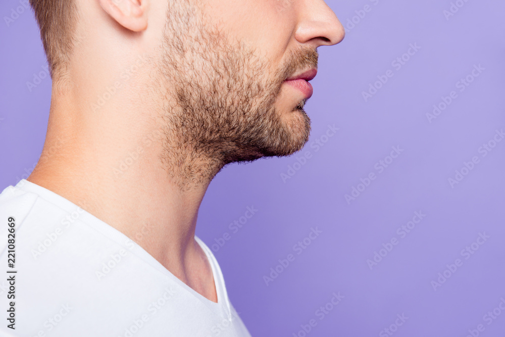 Obraz premium Close-up cropped profile side half face photo of stylish minded