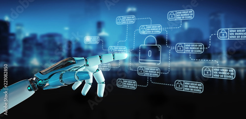White robot on blurred background hacking and accessing private cyber datas