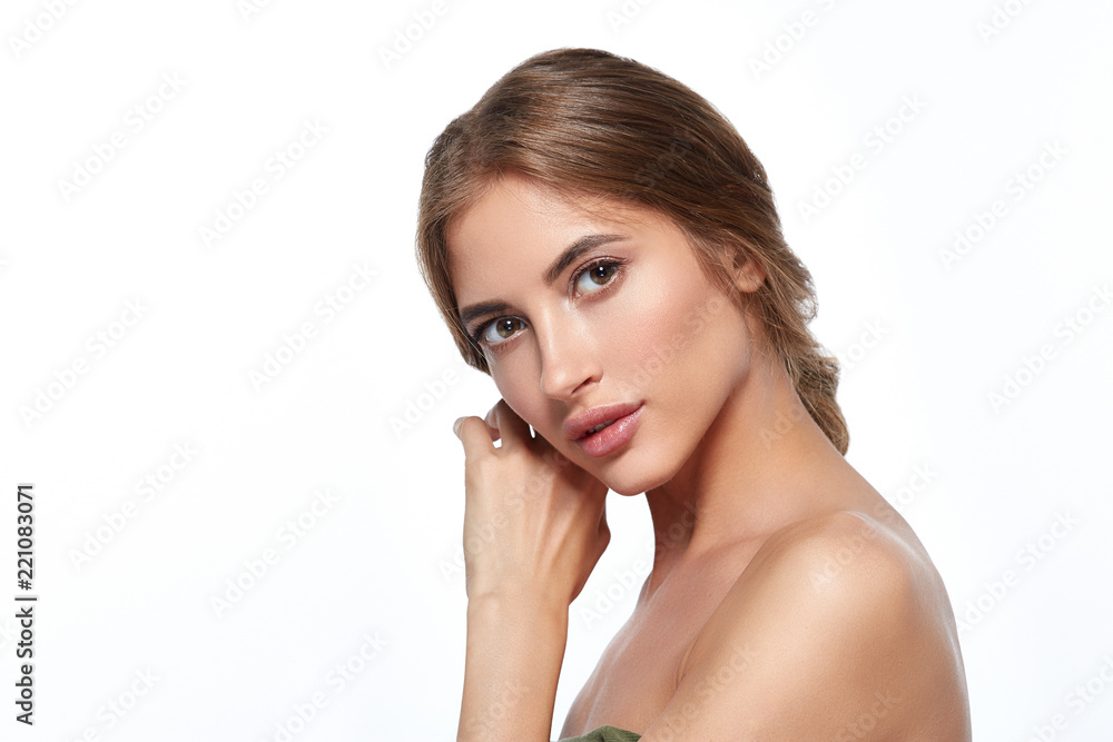 Beautiful face woman with healthy clean skin and natural makeup isolated on white Beautiful face woman with healthy clean skin and natural makeup isolated on white