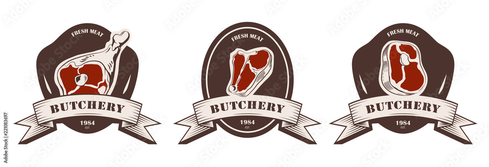 Design template of butchery label. Meat shop logo. Butcher market logotype. Vector illustration.